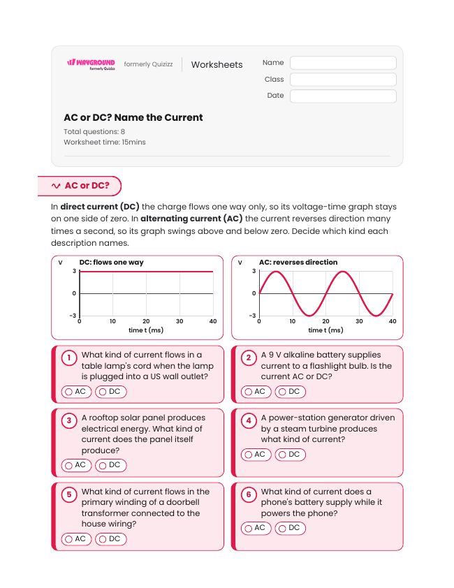 AC or DC? Name the Current - Printable Electricity Worksheets Class 10 - Wayground
