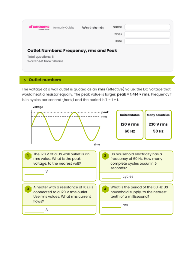 Outlet Numbers: Frequency, rms and Peak - Printable Electricity Worksheets Class 10 - Wayground