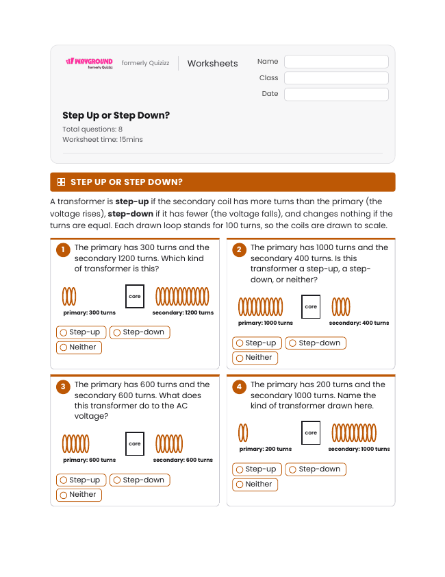 Step Up or Step Down? - Printable Electricity Worksheets Class 10 - Wayground