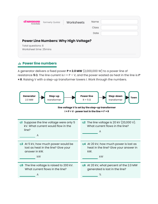 Power Line Numbers: Why High Voltage? - Printable Electricity Worksheets Class 10 - Wayground