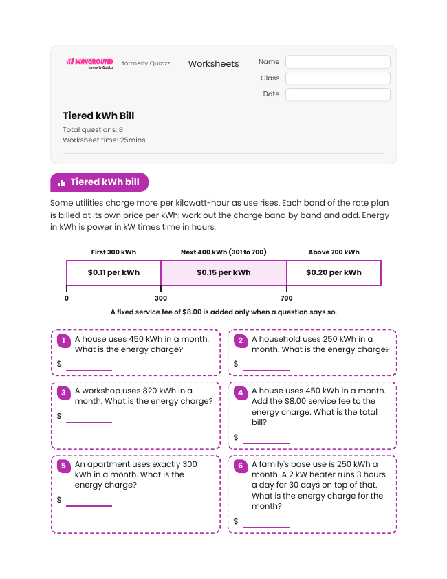 Tiered kWh Bill - Printable Electricity Worksheets Class 10 - Wayground