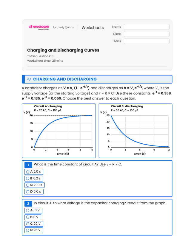 Charging and Discharging Curves - Imprimible Electricidad Hojas-de-trabajo Grado 11 - Wayground