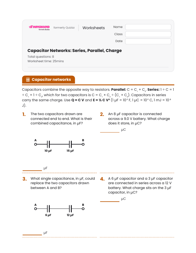 Capacitor Networks: Series, Parallel, Charge - Imprimible Electricidad Hojas-de-trabajo Grado 11 - Wayground