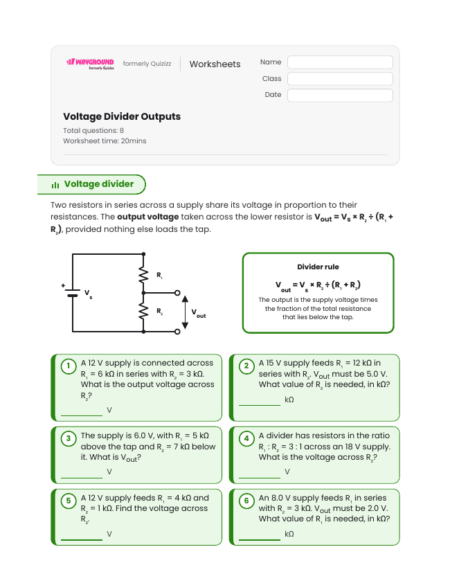 Voltage Divider Outputs - Imprimible Electricidad Hojas-de-trabajo Grado 11 - Wayground