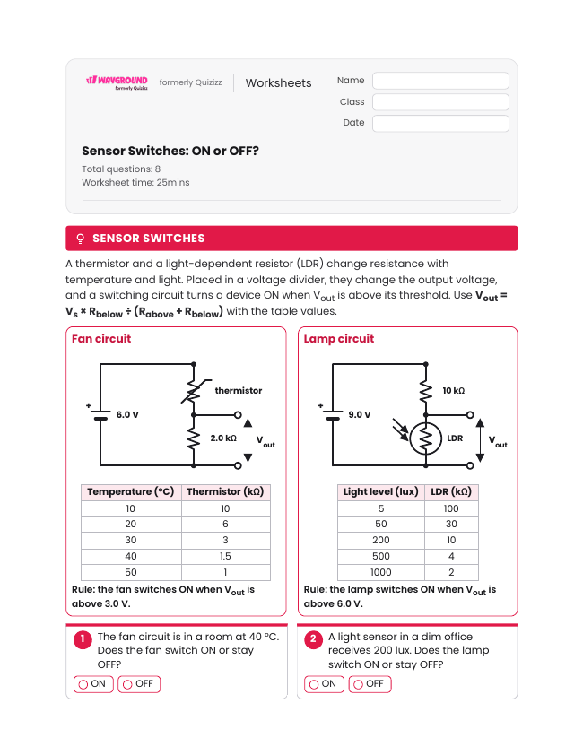 Sensor Switches: ON or OFF? - Imprimible Electricidad Hojas-de-trabajo Grado 11 - Wayground