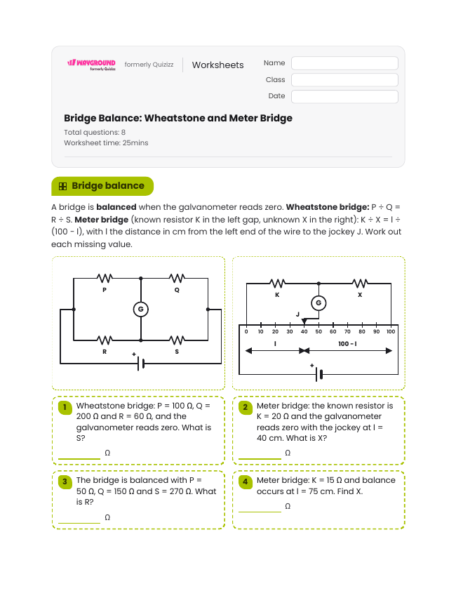 Bridge Balance: Wheatstone and Meter Bridge - Imprimible Electricidad Hojas-de-trabajo Grado 11 - Wayground