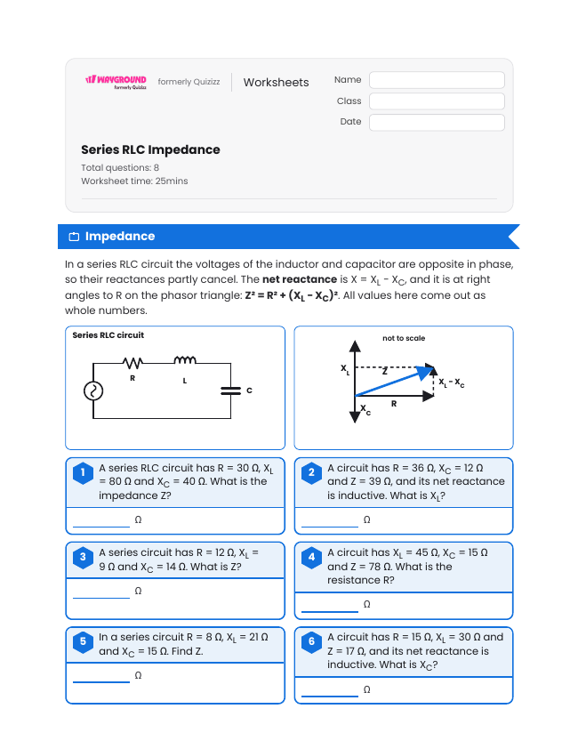 Series RLC Impedance - Imprimible Electricidad Hojas-de-trabajo Grado 12 - Wayground