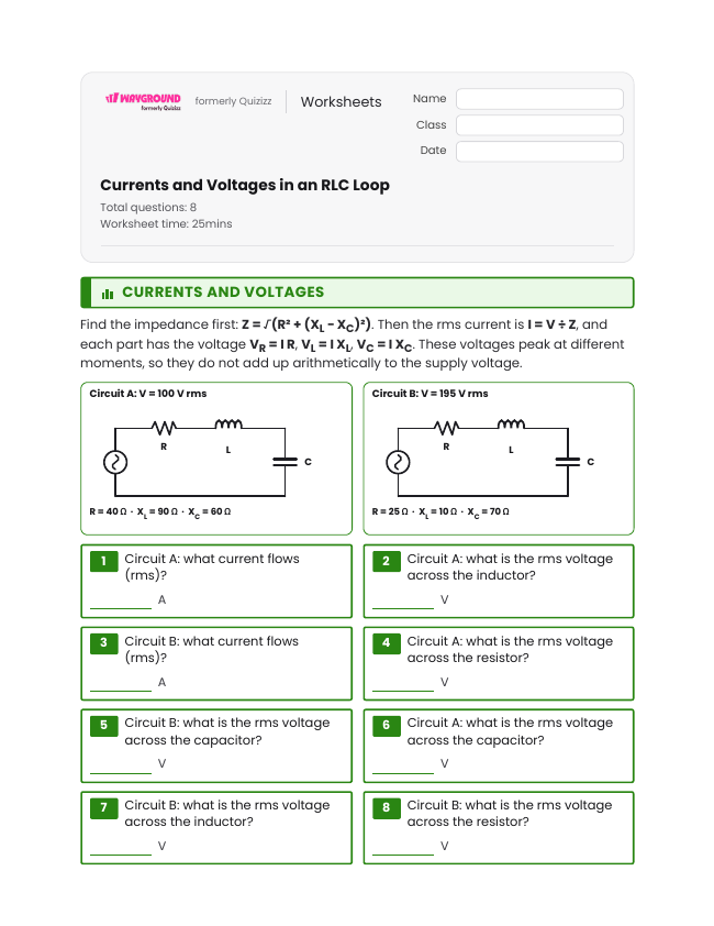 Currents and Voltages in an RLC Loop - Imprimible Electricidad Hojas-de-trabajo Grado 12 - Wayground