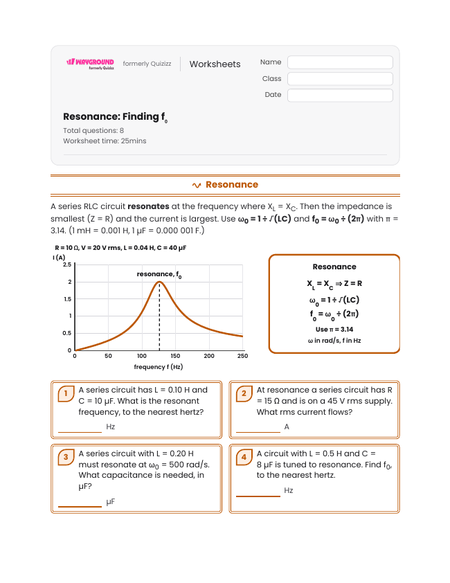 Resonance: Finding f₀ - Imprimible Electricidad Hojas-de-trabajo Grado 12 - Wayground