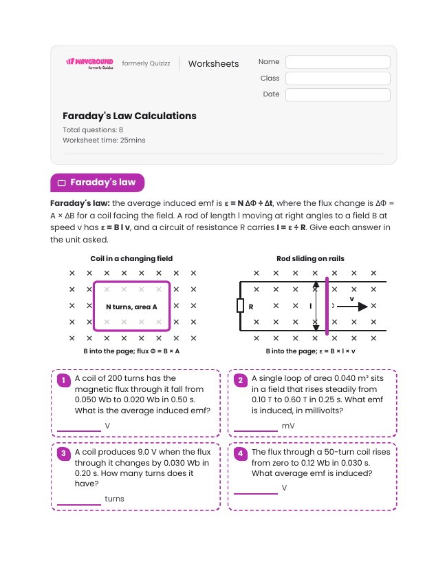 Faraday's Law Calculations - Imprimible Electricidad Hojas-de-trabajo Grado 12 - Wayground