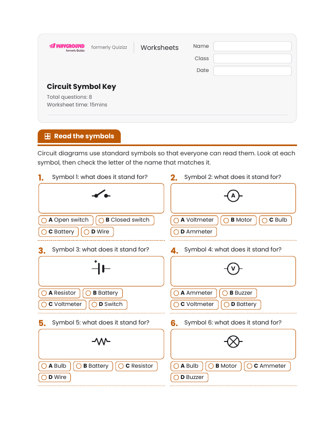 Circuit Symbol Key - Imprimible Electricidad Hojas-de-trabajo Grado 6 - Wayground