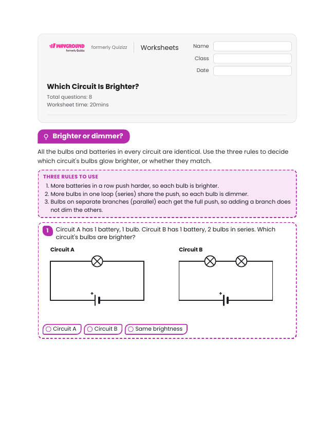 Which Circuit Is Brighter? - Imprimible Electricidad Hojas-de-trabajo Grado 6 - Wayground