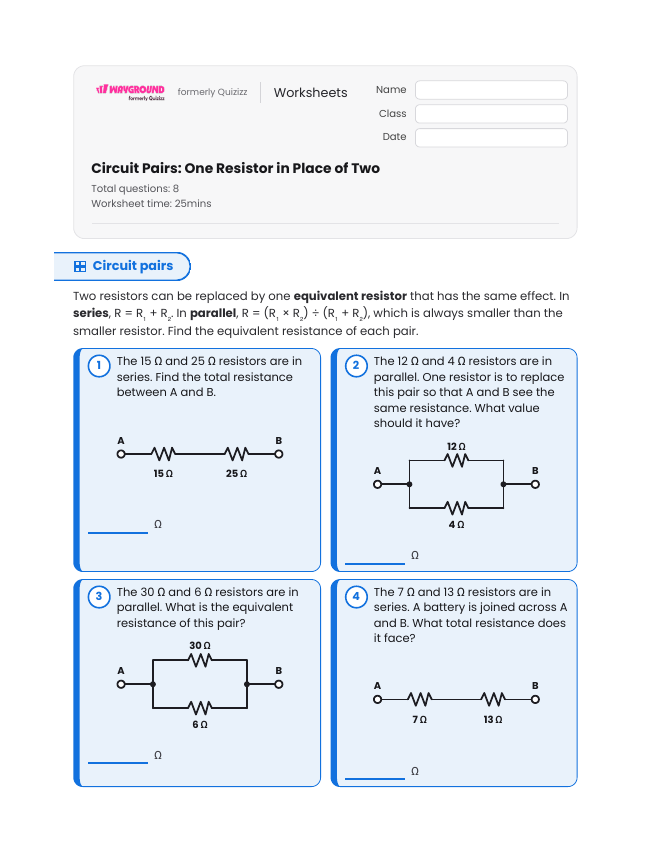 Circuit Pairs: One Resistor in Place of Two - Imprimible Electricidad Hojas-de-trabajo Grado 8 - Wayground