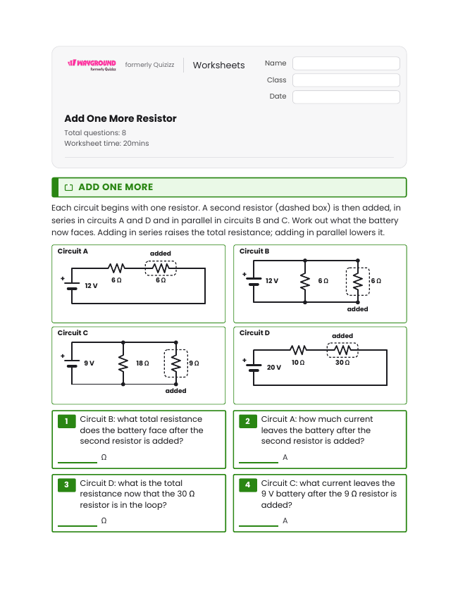 Add One More Resistor - Imprimible Electricidad Hojas-de-trabajo Grado 8 - Wayground