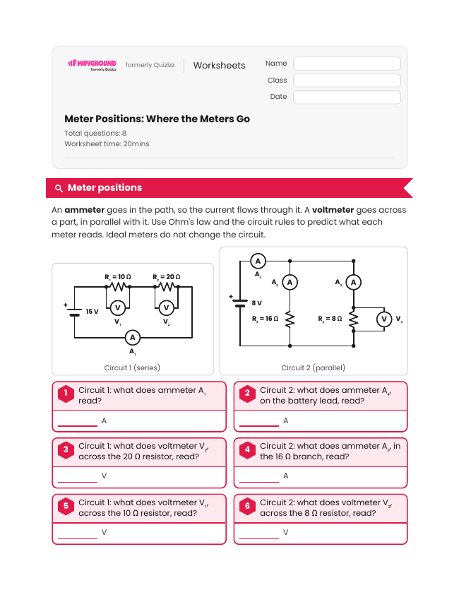 Meter Positions: Where the Meters Go - Imprimible Electricidad Hojas-de-trabajo Grado 8 - Wayground