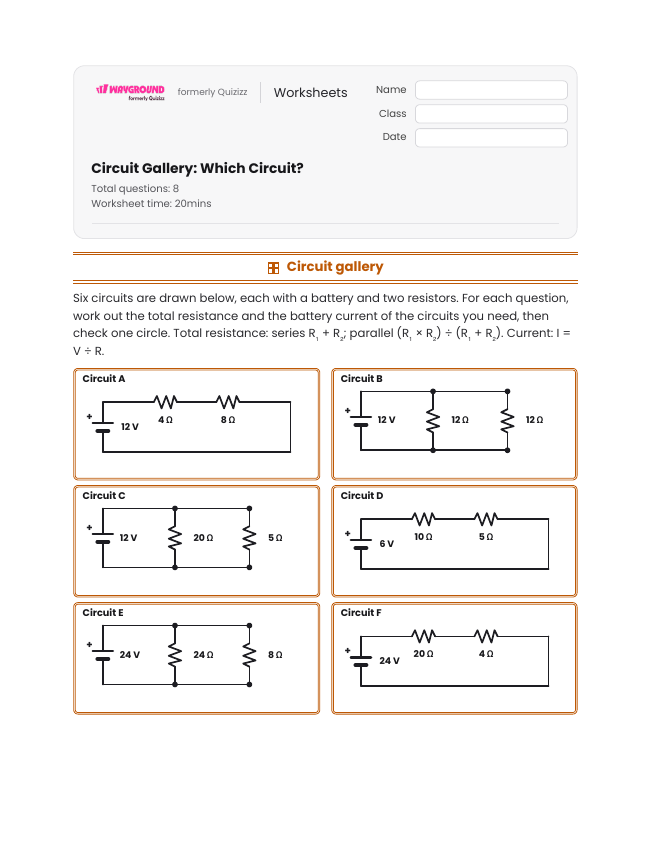 Circuit Gallery: Which Circuit? - Imprimible Electricidad Hojas-de-trabajo Grado 8 - Wayground