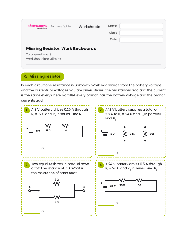Missing Resistor: Work Backwards - Imprimible Electricidad Hojas-de-trabajo Grado 8 - Wayground
