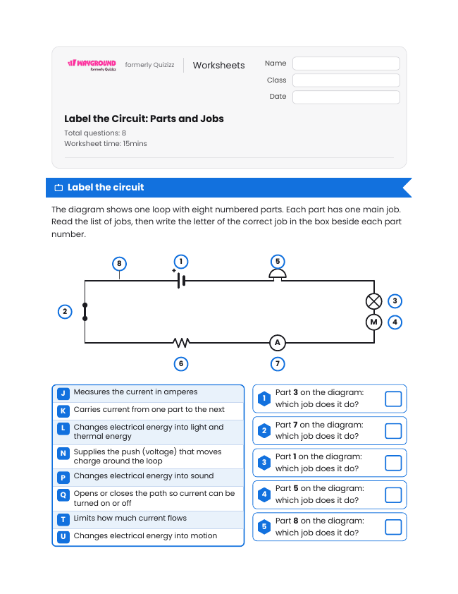 Label the Circuit: Parts and Jobs - Imprimível Eletricidade Fichas-de-trabalho - Wayground