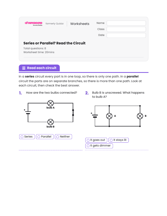 Series or Parallel? Read the Circuit - Imprimível Eletricidade Fichas-de-trabalho - Wayground