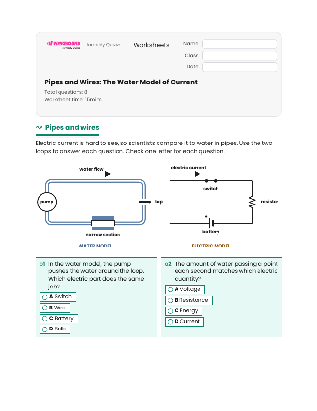 Pipes and Wires: The Water Model of Current - Imprimível Eletricidade Fichas-de-trabalho - Wayground