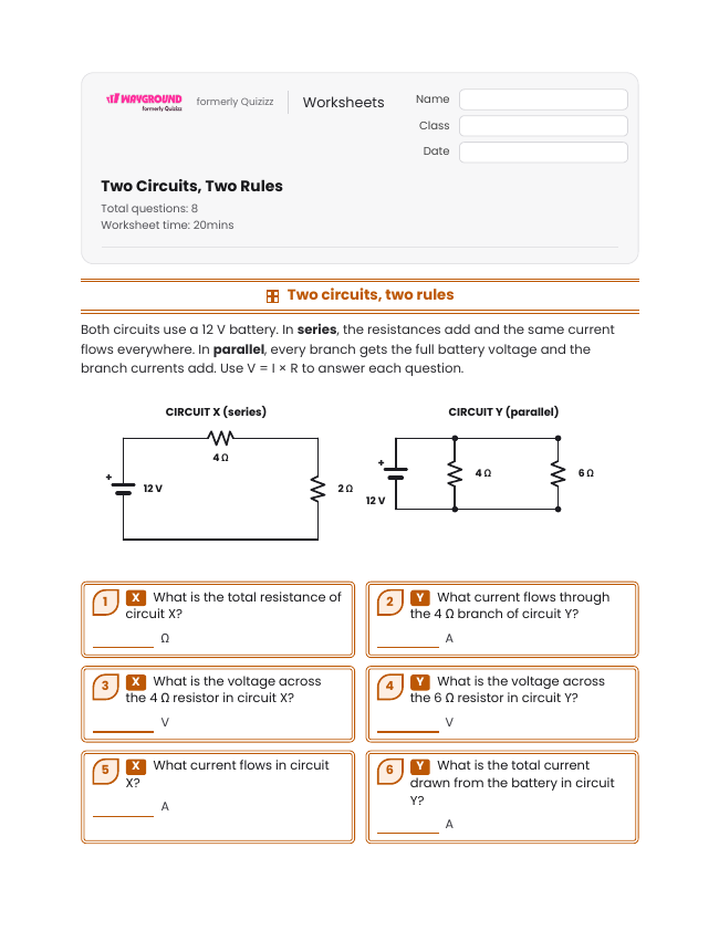 Two Circuits, Two Rules - Imprimível Eletricidade Fichas-de-trabalho - Wayground
