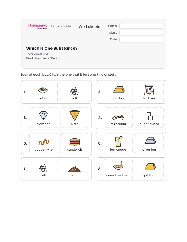 Which Is One Substance? - Imprimible Elementos-y-compuestos Hojas-de-trabajo Grado 1 - Wayground