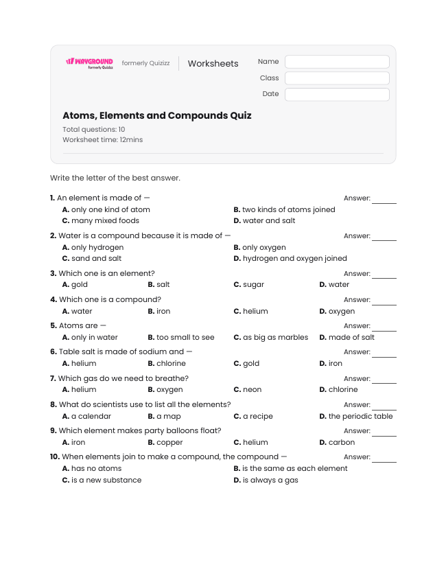 Atoms, Elements and Compounds Quiz - Nadający się do druku Pierwiastki-i-związki Karty-pracy Klasa 2 - Wayground