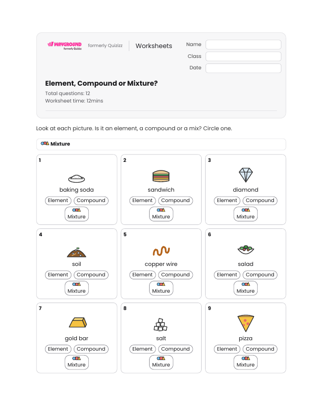 Element, Compound or Mixture? - Nadający się do druku Pierwiastki-i-związki Karty-pracy Klasa 2 - Wayground