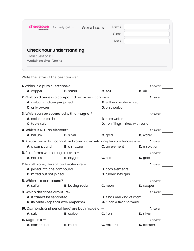 Check Your Understanding - Imprimible Elementos-y-compuestos Hojas-de-trabajo Grado 3 - Wayground