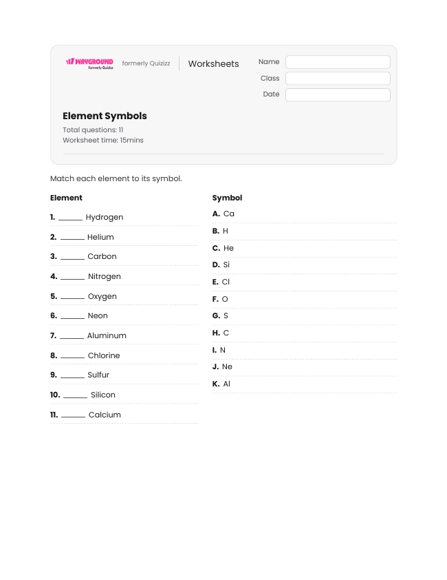 Element Symbols - Imprimible Elementos-y-compuestos Hojas-de-trabajo Grado 4 - Wayground