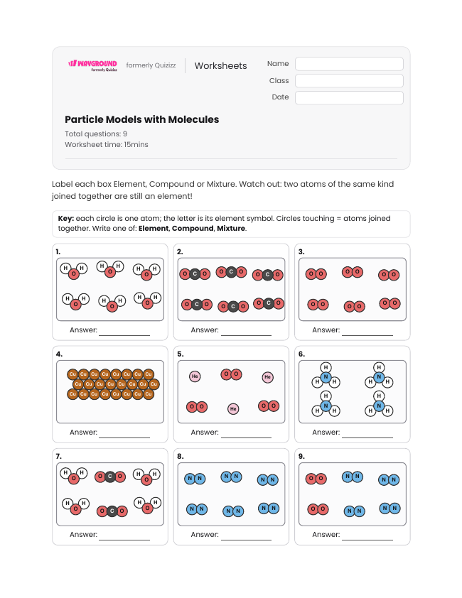 Particle Models with Molecules - Imprimible Elementos-y-compuestos Hojas-de-trabajo Grado 4 - Wayground