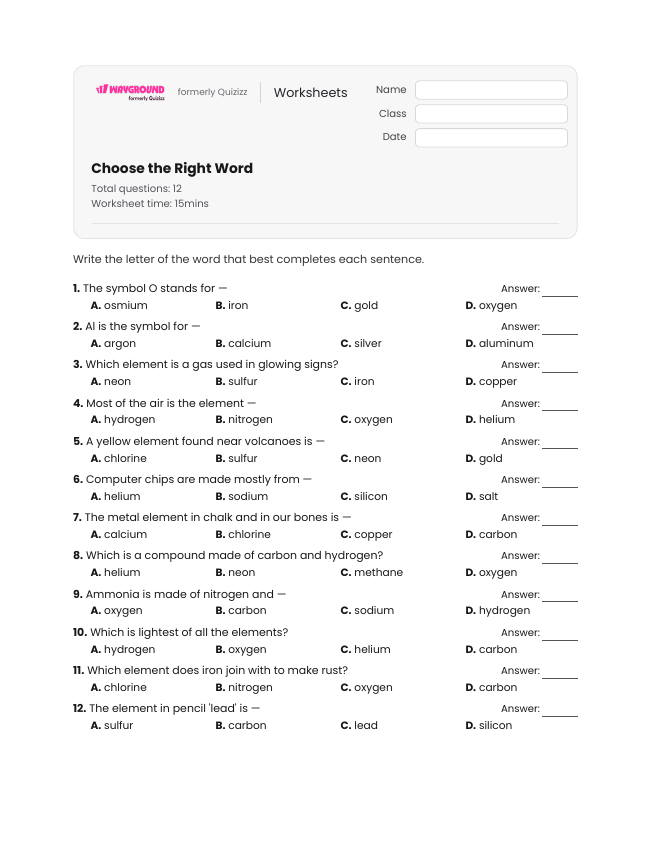 Choose the Right Word - Imprimible Elementos-y-compuestos Hojas-de-trabajo Grado 4 - Wayground