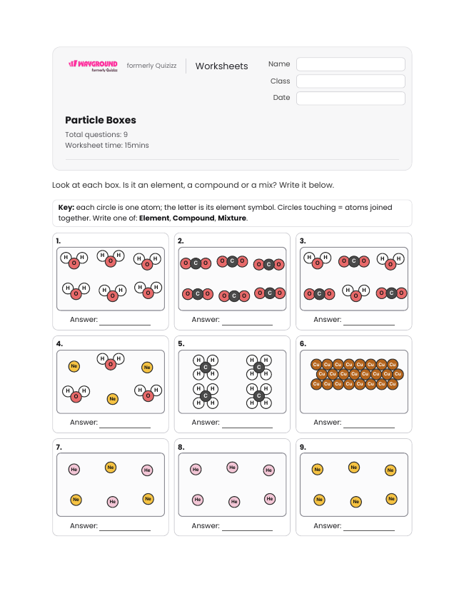 Particle Boxes - Imprimível Elementos-e-compostos Fichas-de-trabalho - Wayground