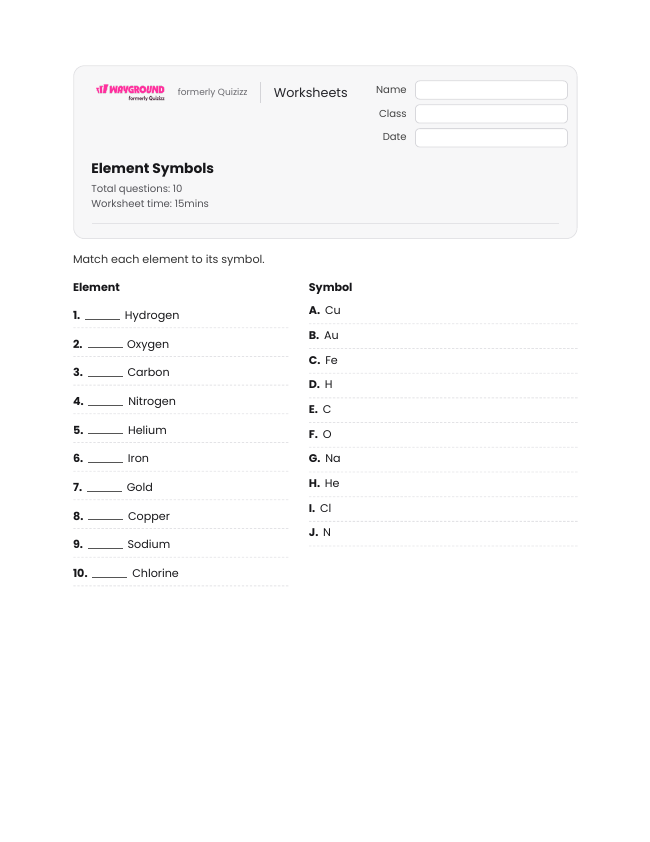 Element Symbols - Imprimível Elementos-e-compostos Fichas-de-trabalho - Wayground