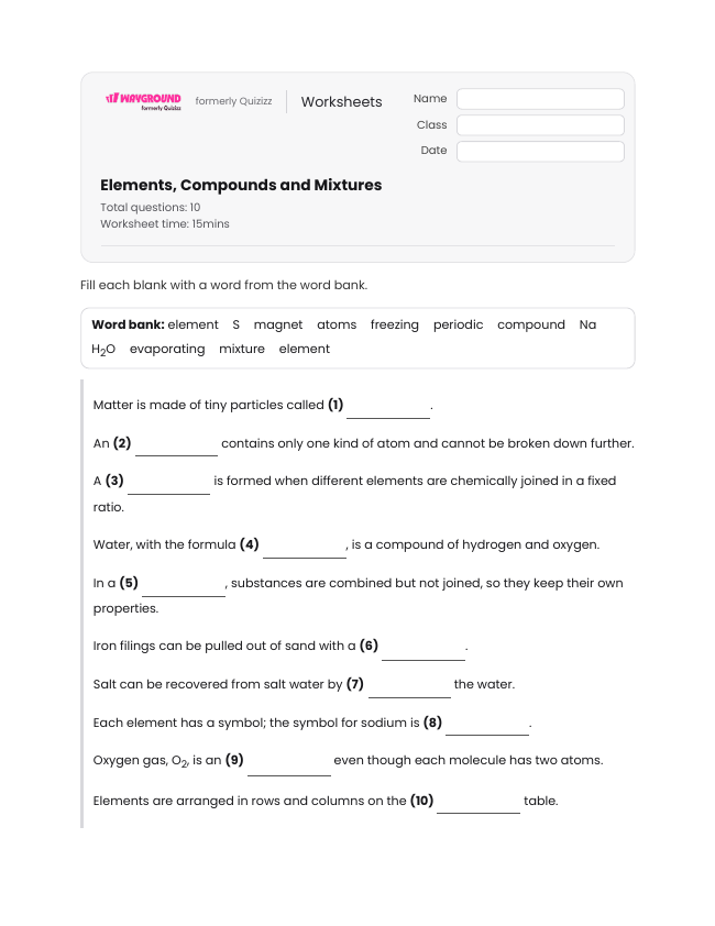 Elements, Compounds and Mixtures - Imprimível Elementos-e-compostos Fichas-de-trabalho - Wayground