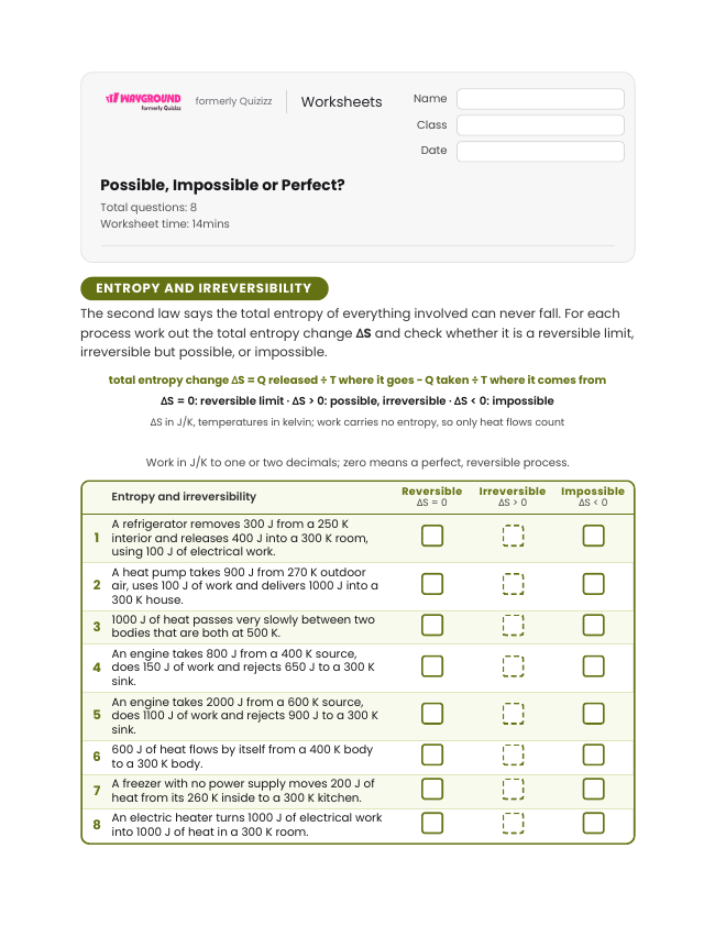 Possible, Impossible or Perfect? - Imprimible Conversiones-de-energía Hojas-de-trabajo Grado 12 - Wayground