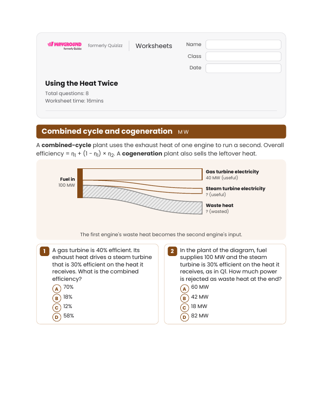 Using the Heat Twice - Imprimible Conversiones-de-energía Hojas-de-trabajo Grado 12 - Wayground