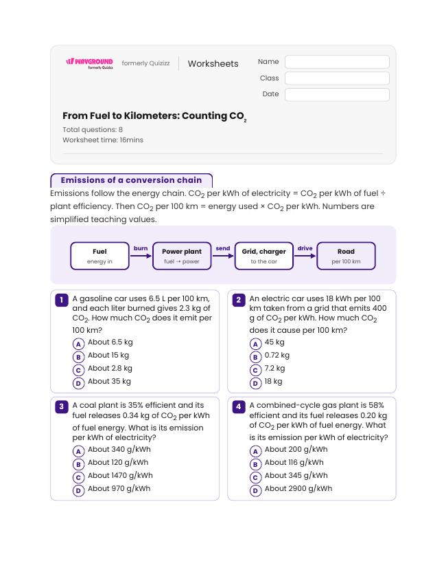 From Fuel to Kilometers: Counting CO₂ - Imprimible Conversiones-de-energía Hojas-de-trabajo Grado 12 - Wayground