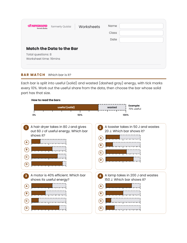 Match the Data to the Bar - Dapat dicetak Aliran-energi Lembar-kerja Kelas 8 - Wayground