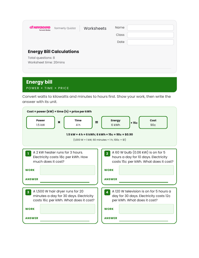 Energy Bill Calculations - Dapat dicetak Aliran-energi Lembar-kerja Kelas 8 - Wayground