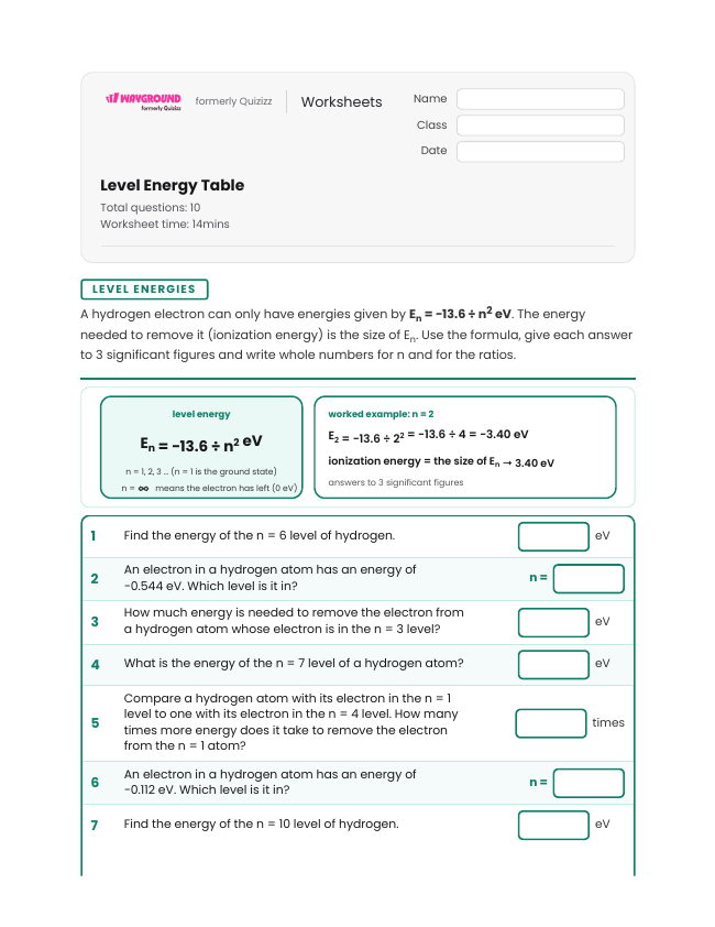Level Energy Table - Nadający się do druku Poziomy-energii Karty-pracy Klasa 11 - Wayground
