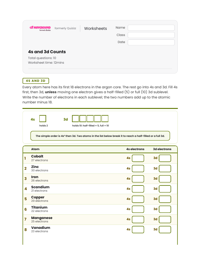 4s and 3d Counts - Nadający się do druku Poziomy-energii Karty-pracy Klasa 11 - Wayground