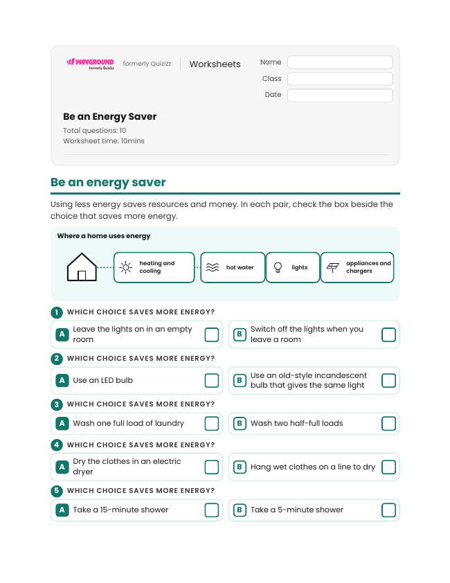 Be an Energy Saver - Dapat dicetak Sumber-daya-energi Lembar-kerja Kelas 6 - Wayground