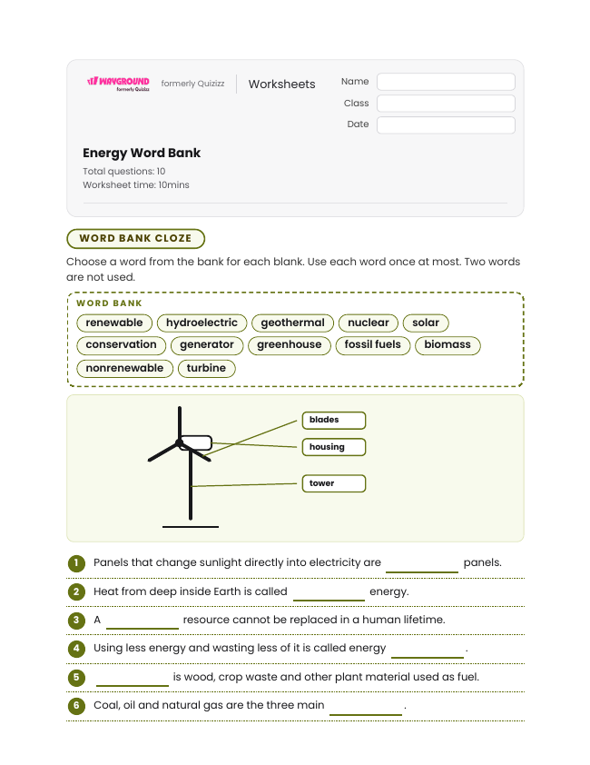 Energy Word Bank - Dapat dicetak Sumber-daya-energi Lembar-kerja Kelas 6 - Wayground