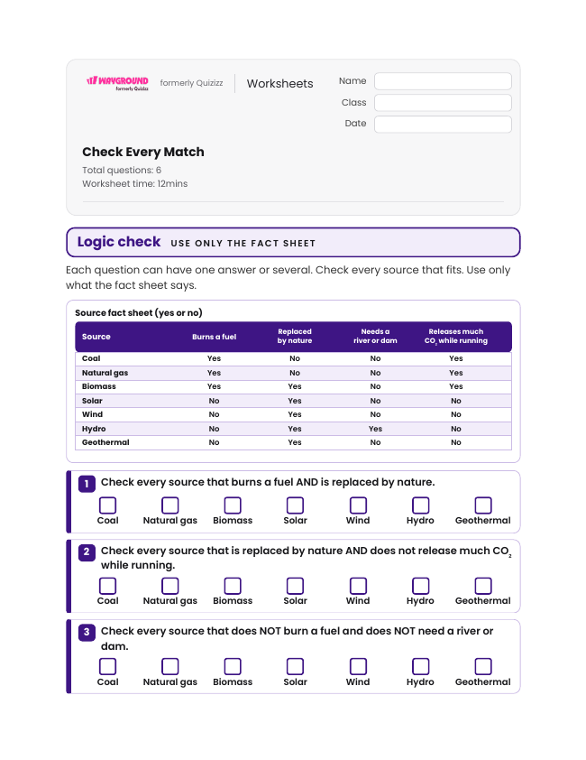 Check Every Match - Imprimible Recursos-energéticos Hojas-de-trabajo Grado 7 - Wayground