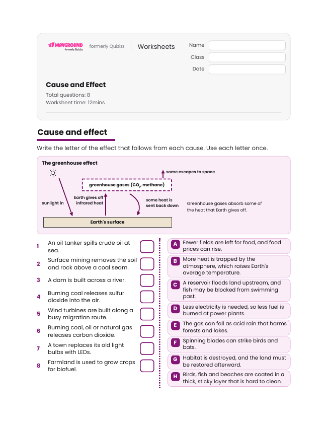 Cause and Effect - Imprimible Recursos-energéticos Hojas-de-trabajo Grado 7 - Wayground
