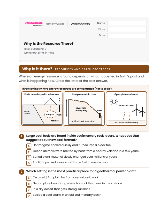 Why Is the Resource There? - Dapat dicetak Sumber-daya-energi Lembar-kerja Kelas 8 - Wayground