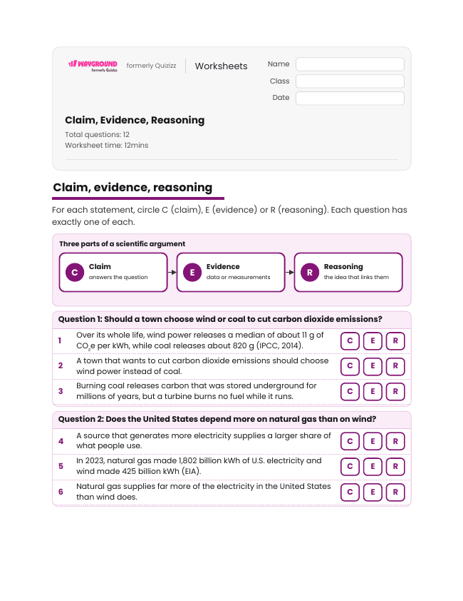 Claim, Evidence, Reasoning - Dapat dicetak Sumber-daya-energi Lembar-kerja Kelas 8 - Wayground