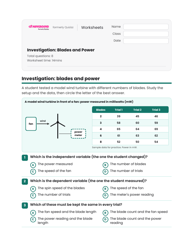 Investigation: Blades and Power - Imprimible Recursos-energéticos Hojas-de-trabajo Grado 9 - Wayground