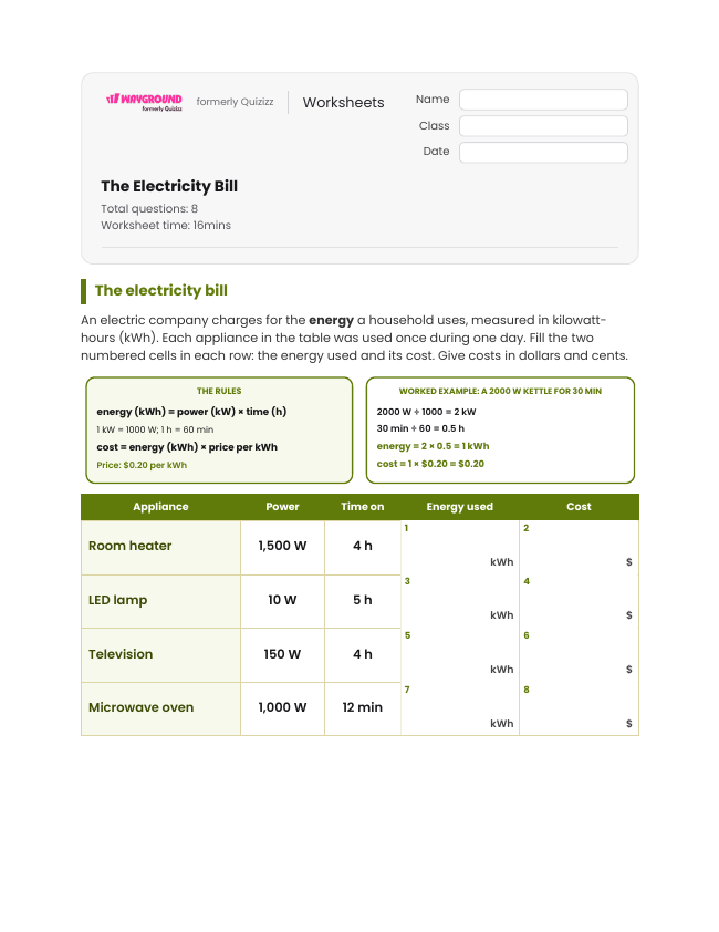 The Electricity Bill - Imprimible Transferencia-de-energía Hojas-de-trabajo Grado 10 - Wayground